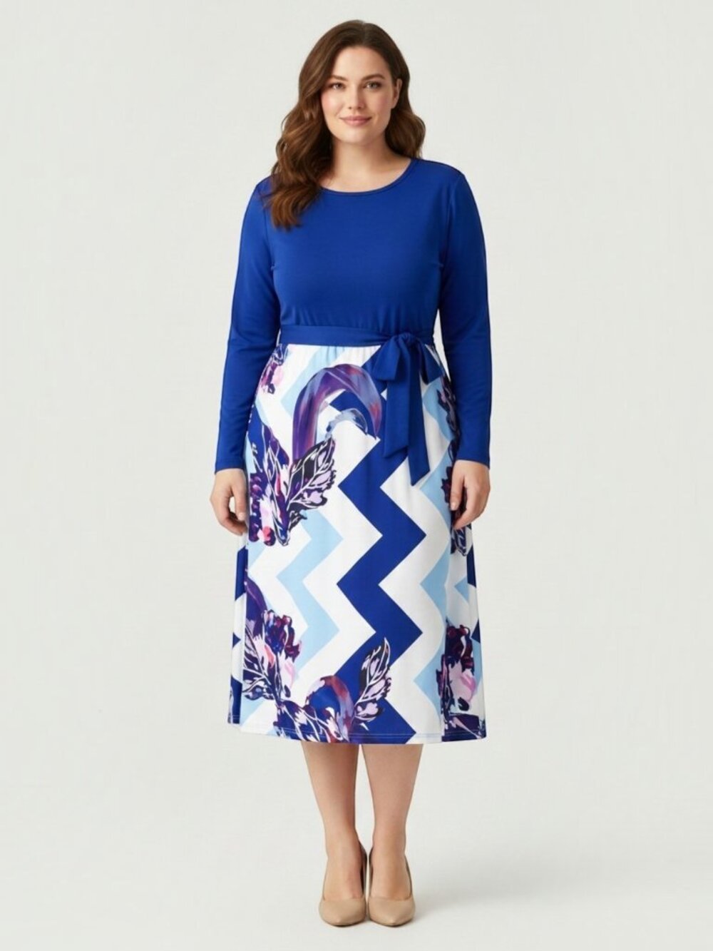 Plus Size 2XL Royal Blue Floral Geometric Tie Waist Midi Dress